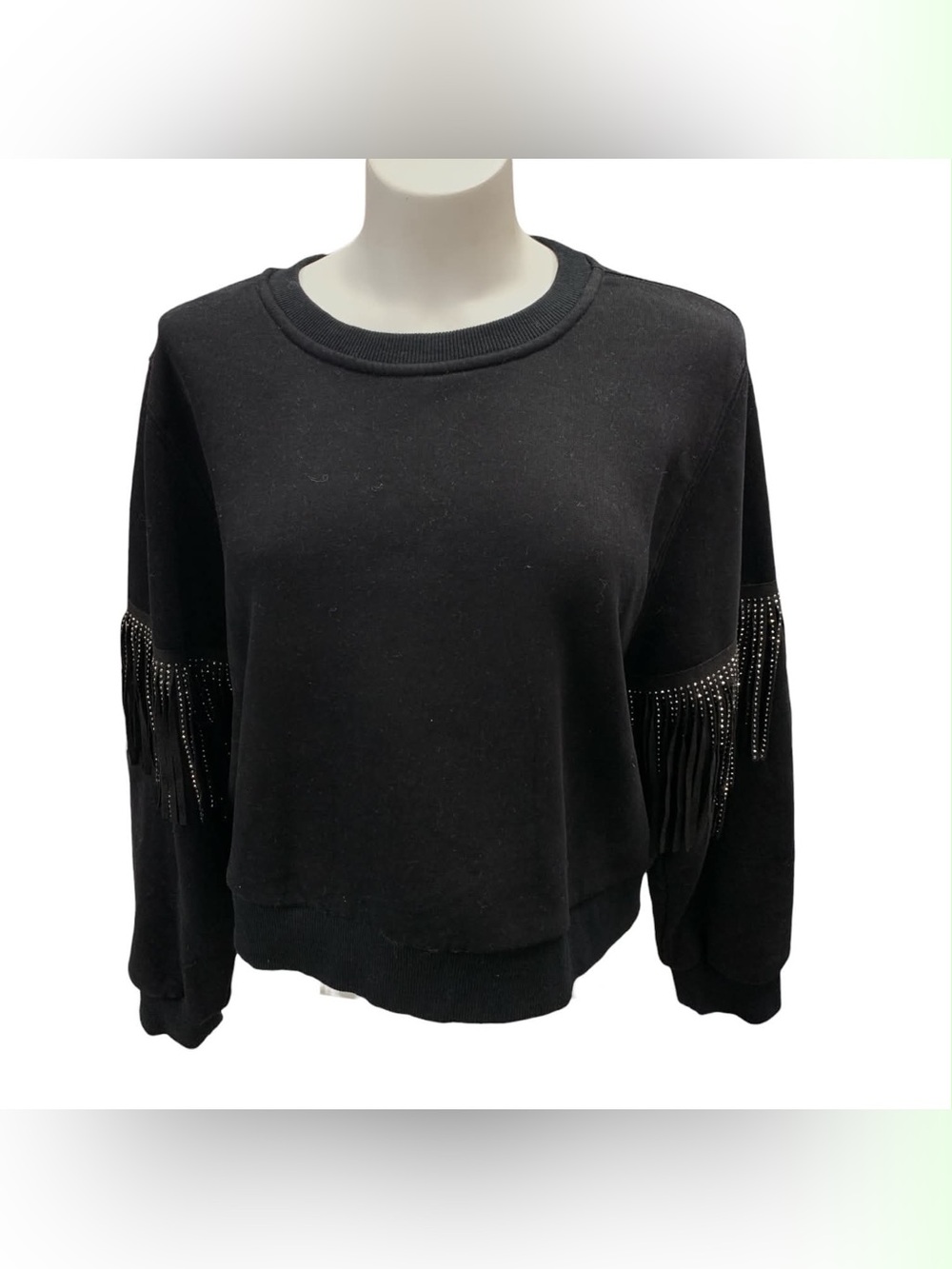 Cloud Ten Black Fringe Rhinestone Sleeve Sweatshirt Size M